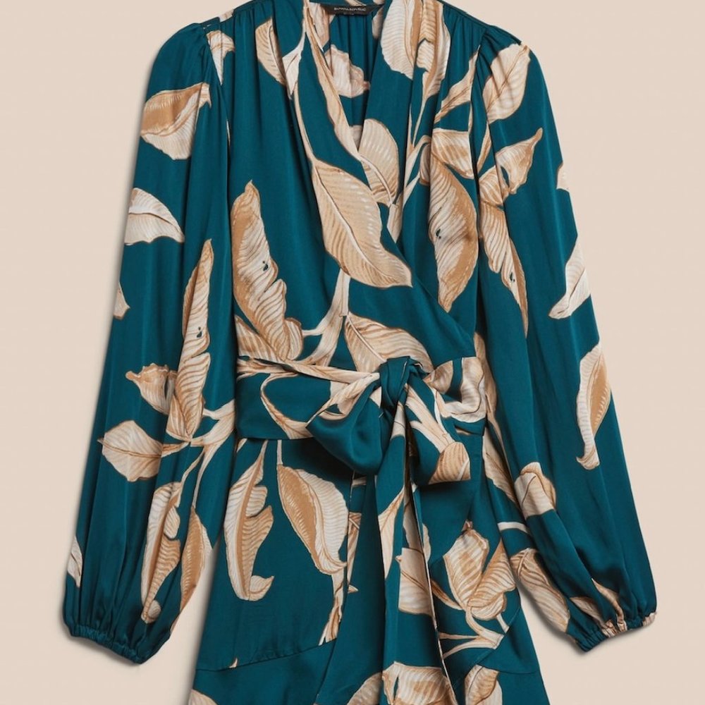 Banana Republic Ruffle Wrap Mini Dress, Green Floral, Small